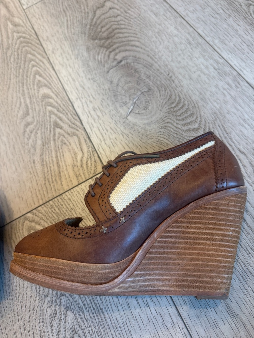rag & bone Brown Lace-Up Wedge Brogues with Cream Insets - Picture 5 of 9